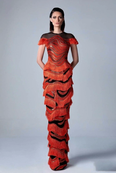 Edward Arsouni Short Sleeve Fringe Column Gown