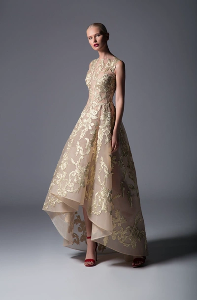 Edward Arsouni Sleeveless Embroidered Hi-lo Gown