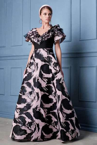 Alda Ciceu Ruffled Sleeve Print A-line Gown