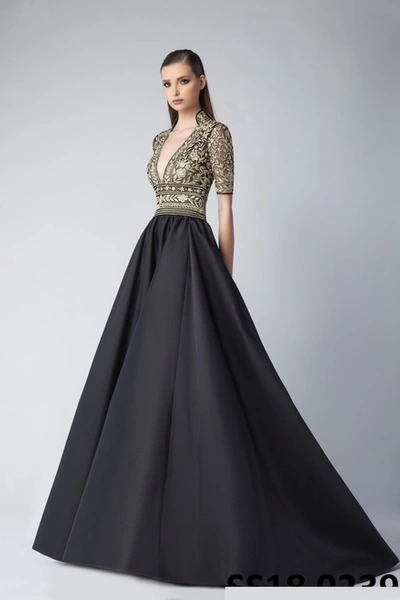 Divina By Edward Arsouni Black Short Sleeve Mikado Evening Gown