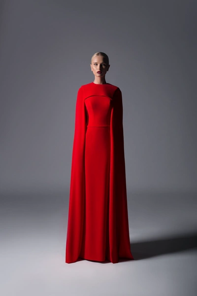 Divina By Edward Arsouni Long Cape Sleeve Crepe Evening Gown