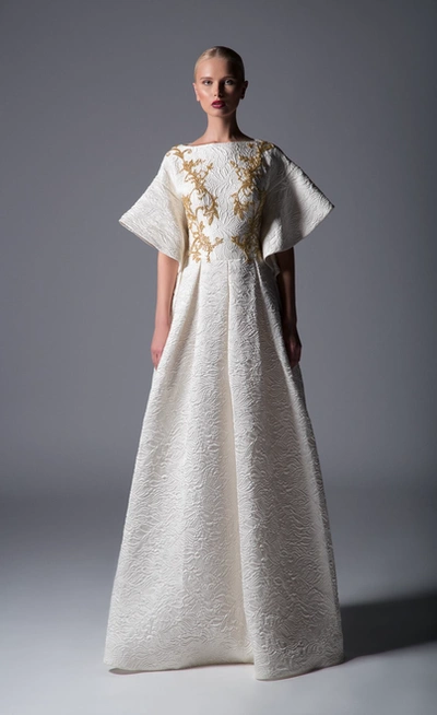 Divina By Edward Arsouni Short Sleeve Boat Embroidered Gown