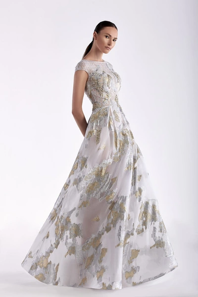 Edward Arsouni Embroidered Cap Sleeve Organza Gown