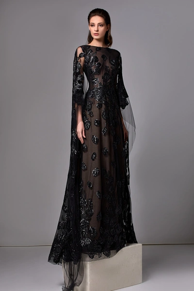 Edward Arsouni Long Cape Sleeve Sequin Tulle Gown