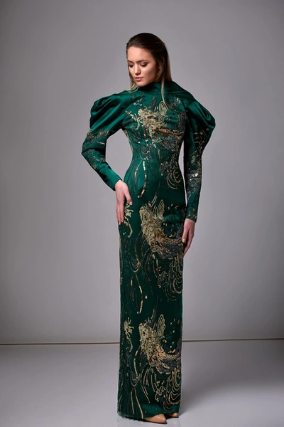 Edward Arsouni Long Sleeve Sequin Satin Gown