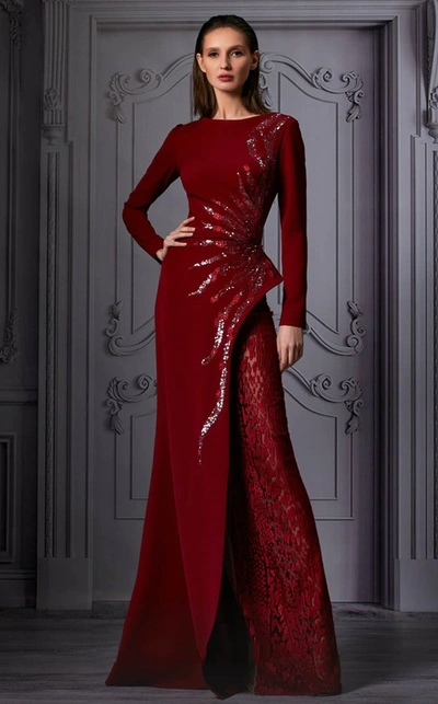Mnm Couture Long Sleeve Embellished Split Gown