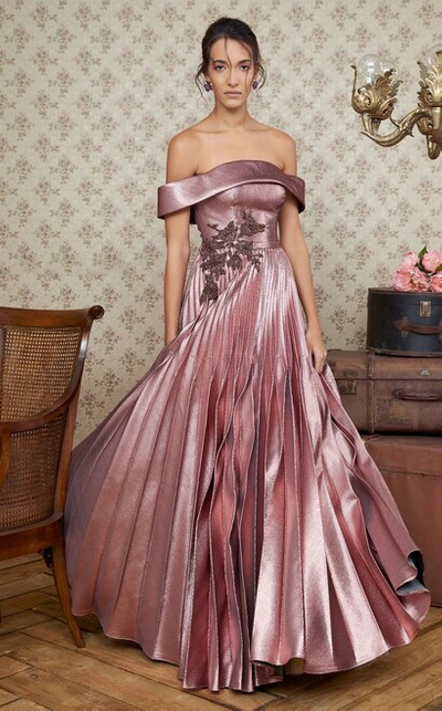 Mnm Couture Pleated Off Shoulder Gown