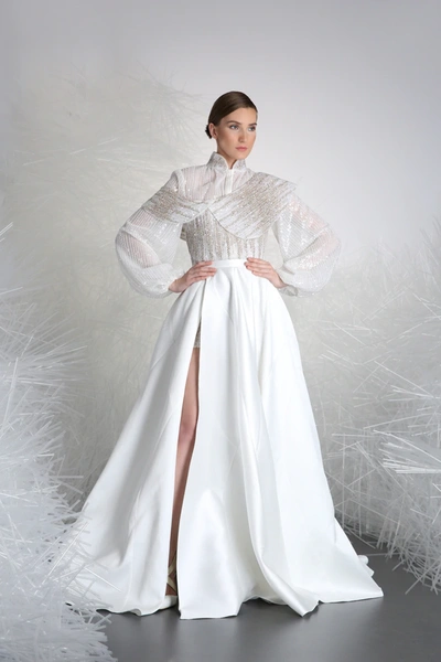 Tony Ward Embellished Bodice Long Sleeve Gown
