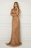 CRISTALLINI ¾ SLEEVE EMBROIDERED TULLE GOLD GOWN,CR20-952-14-1