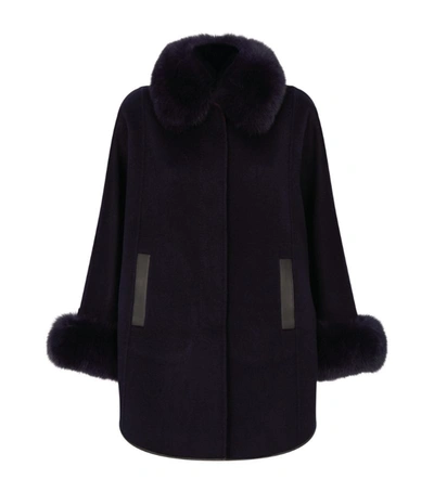 Harrods Of London Hol Fur Col & Cuff Lthr Trim Cape In Navy