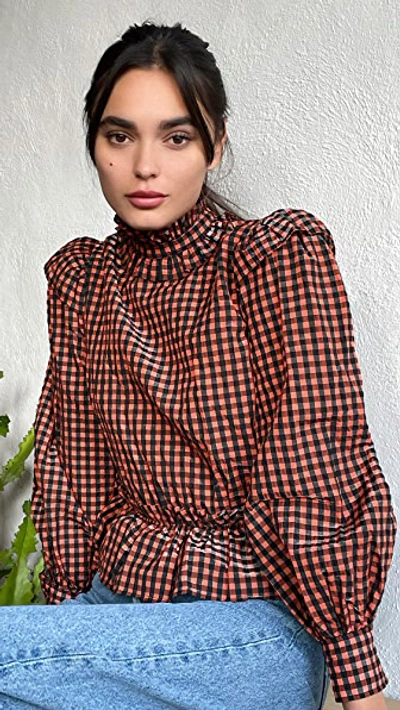 Ganni Gingham Ruffle Seersucker Crop Top In Flame