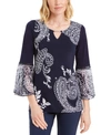 JM COLLECTION PRINTED RUFFLE-SLEEVE EMBELLISHED TOP, CREATED FOR MACY'S