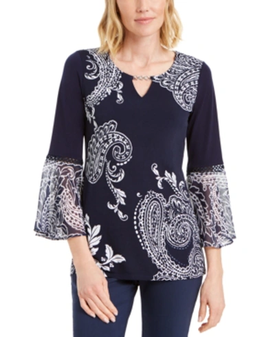 Jm Collection Printed Ruffle-sleeve Embellished Top, Created For Macy's In Intrepid Blue Combo