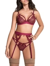 Mapalé Women's Strappy Lace Bra, Thong, & Garter 3pc Lingerie Set In Burgundy