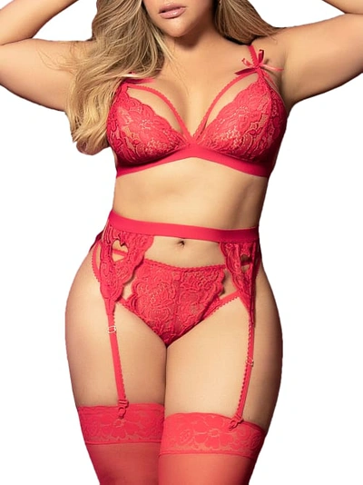 Mapalé Plus Size Cage Lace Wireless Bra & Panty Set In Red