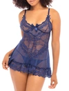 Oh La La Cheri Plus Valentine Soft Cup Lace Babydoll With Bows And G-string Panty In Estate Blue