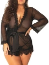 Oh La La Cheri Plus Size Eyelash Lace Robe With Satin Sash And G-string Lingerie Set In Black