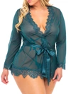 Oh La La Cheri Plus Size Provence Eyelash Lace Robe Set In Deep Teal