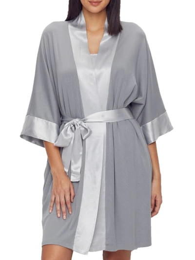 Pj Harlow Shala Knit Robe With Pockets And Satin Trim In Dark Silver