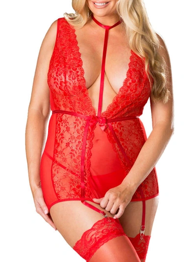 Shirley Of Hollywood Plus Size Choker Chemise Garter Set In Red