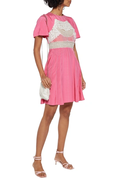 Valentino Lace And Velvet-paneled Embroidered Silk Crepe De Chine Mini Dress In Pink