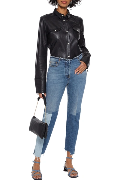 Valentino Cropped Frayed Patchwork High-rise Slim-leg Jeans In Mid Denim