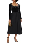 VALENTINO SCALLOPED VELVET-PANELED WOOL AND SILK-BLEND CREPE MIDI DRESS,3074457345624498718