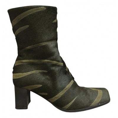 Pre-owned Agnès B. Pony-style Calfskin Ankle Boots In Green