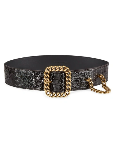 Saint Laurent Chain-trimmed Croc-embossed Leather Belt In Dark Brown