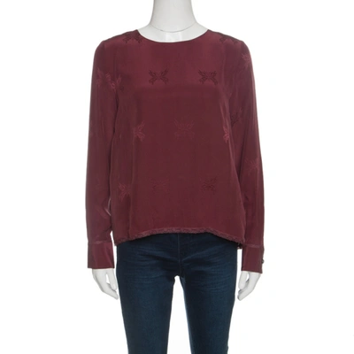 Pre-owned Zadig And Voltaire Burgundy Tivy Jacquard Silk Lace Trim Long Sleeve Blouse M