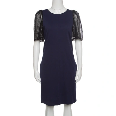 Pre-owned See By Chloé Navy Blue Jersey Contrast Lace Sleeve Dress S