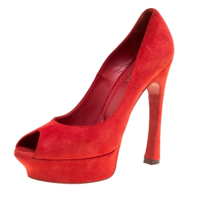 Pre-owned Saint Laurent Red Suede Palais Platform Peep Toe Pumps Size 40