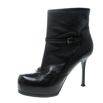 Pre-owned Saint Laurent Black Leather Platform Ankle Boots Size 40.5