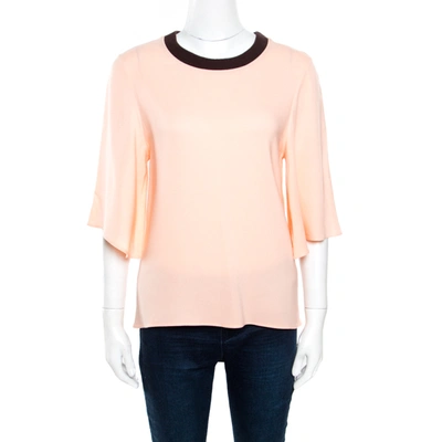 Pre-owned Roksanda Ilincic Peach Crepe Contrast Ribbed Neck Detail Flared Sleeve Top S In Pink