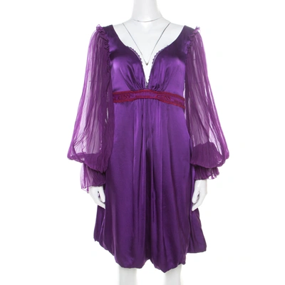 Pre-owned Class By Roberto Cavalli Purple Satin Embroidered Waist Detail Plunge Neck Dress M