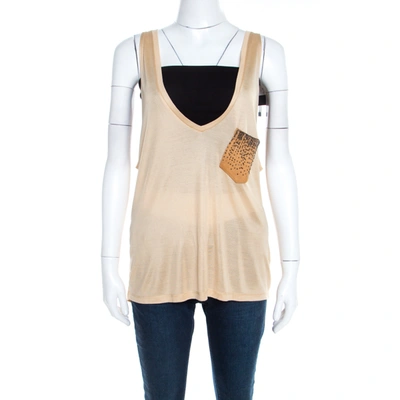 Pre-owned Saint Laurent Beige Silk Knit Embellished Leather Pocket Detail Tank Top S