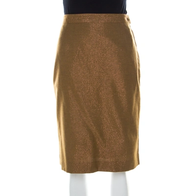 Pre-owned See By Chloé Brown Wool Blend Metallic Gold Pinstriped Pencil Skirt M