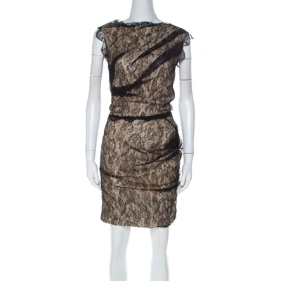 Pre-owned Roksanda Ilincic Black & Beige Lace & Silk Gather Detail Dress S