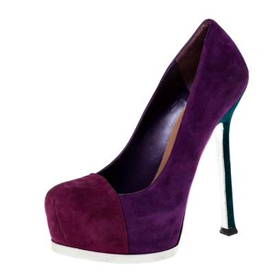 Pre-owned Saint Laurent Two Tone Suede Leather Tribtoo Platform Pumps Size 35.5 In Purple