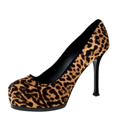 Pre-owned Saint Laurent Beige/brown Leopard Print Pony Hair Tribtoo Platform Pumps Size 36