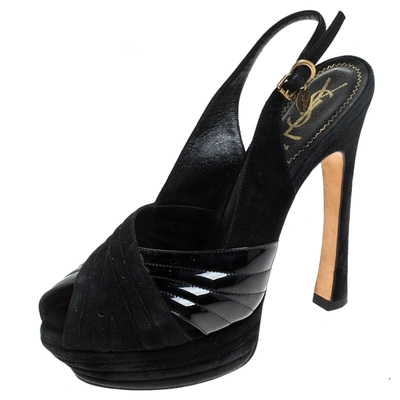 Pre-owned Saint Laurent Black Criss Cross Suede And Patent Leather Slingback Platform Sandals Size 40