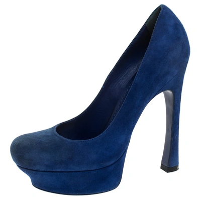 Pre-owned Saint Laurent Blue Suede Palais Platform Pumps Size 38.5