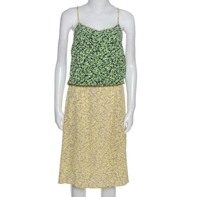 Pre-owned Tibbi Bicolor Abstract Print Silk Elasticized Waist Midi Dress L In Green