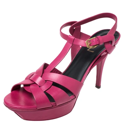 Pre-owned Saint Laurent Pink Leather Tribute Platform Ankle Strap Sandals Size 40