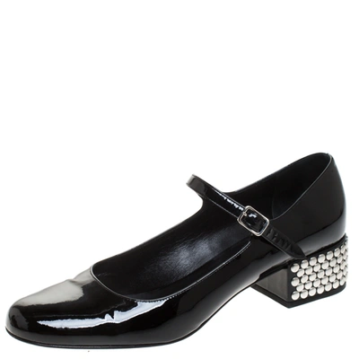 Pre-owned Saint Laurent Black Patent Leather Mary Jane Studded Block Heel Pumps Size 40
