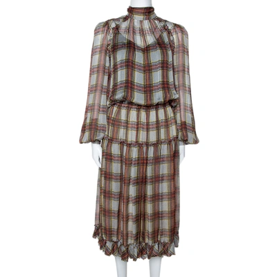 Pre-owned Dandg Grey Plaid Print Silk Ruffled Midi Dress M
