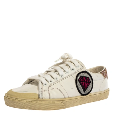 Pre-owned Saint Laurent White Leather And Glitter Trim Court Classic Sl/37 Diamond Patch Low Top Sneakers Size 35