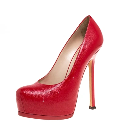 Pre-owned Saint Laurent Red Leather Tribtoo Platform Pumps Size 38.5