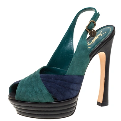 Pre-owned Saint Laurent Green/blue Suede And Leather Criss Cross Platform Slingback Sandals Size 38