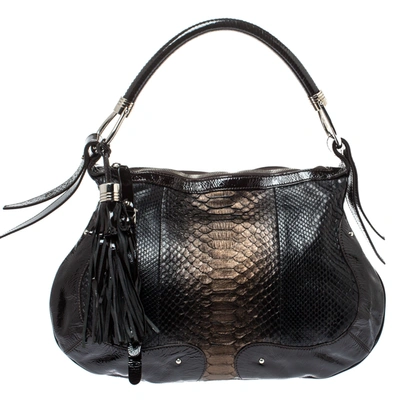 Pre-owned Aigner Dark Brown Python And Patent Leather Tassel Hobo